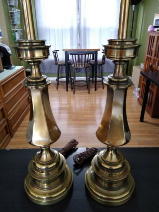 Vintage Stiffel Brass Trophy Urn Table Lamps Hollywood Regency Mid Century 3 - Way 3