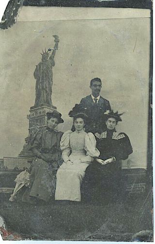 C1860s Tintype Three People With Statue Of Liberty Backdrop
