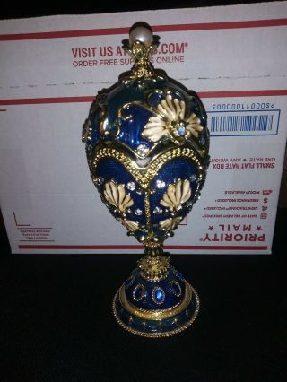 Gorgeous Keren Kopal Blue Jeweled Faberge Egg Sankyo Music Box Trinket Box