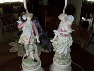 Pair French Victorian Man Lady Hand Pnt 