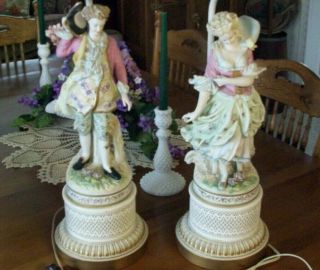 Pair French Victorian man lady hand pnt ' d porcelain lamps metal bases 3