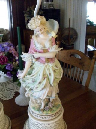 Pair French Victorian man lady hand pnt ' d porcelain lamps metal bases 4