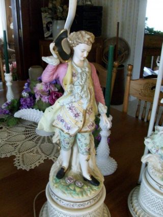Pair French Victorian man lady hand pnt ' d porcelain lamps metal bases 5