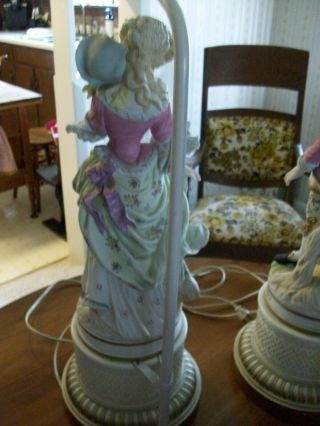 Pair French Victorian man lady hand pnt ' d porcelain lamps metal bases 7