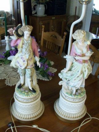 Pair French Victorian man lady hand pnt ' d porcelain lamps metal bases 8