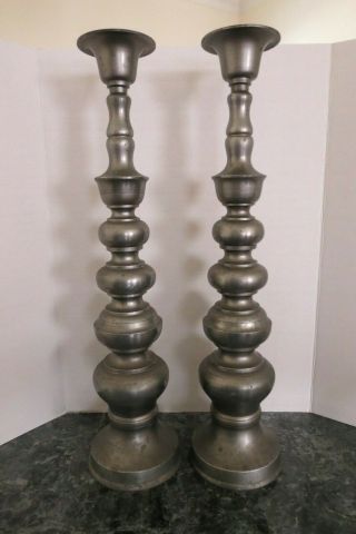 Pair 19th C.  Antique American Or English Pewter Candlesticks 25 " T