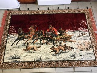 Vibrant Vintage Cotton/rayon Velvet Tapestry 48 " X 74 " Equestrian Sleigh Fox Hunt