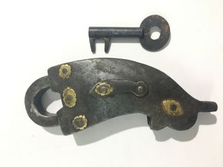 Early 18 C Iron Fish Shape Padlock With Key Collectible