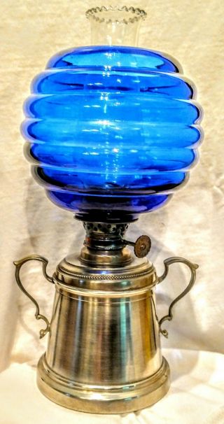 Pewrer Oil Lamp,  Cigar Lighter,  Cobalt Beehive Shade,  International Pewter Co.