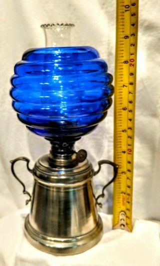 Pewrer Oil Lamp,  Cigar Lighter,  Cobalt Beehive Shade,  International Pewter Co. 2