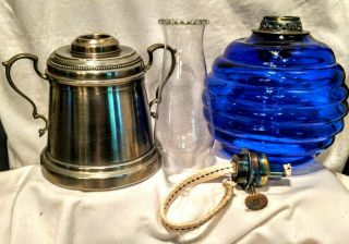 Pewrer Oil Lamp,  Cigar Lighter,  Cobalt Beehive Shade,  International Pewter Co. 3