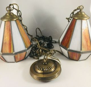 Vintage Double Mid Century Hanging Swag Lamp Light Fixture Slag Stained Glass