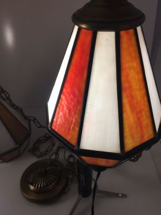 Vintage Double Mid Century Hanging Swag Lamp Light Fixture slag stained Glass 3