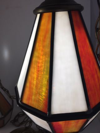 Vintage Double Mid Century Hanging Swag Lamp Light Fixture slag stained Glass 4
