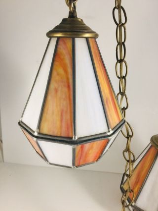 Vintage Double Mid Century Hanging Swag Lamp Light Fixture slag stained Glass 5