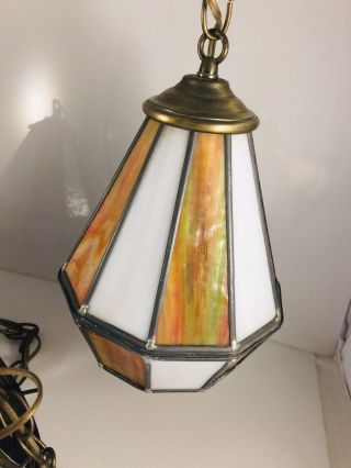 Vintage Double Mid Century Hanging Swag Lamp Light Fixture slag stained Glass 6
