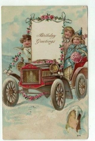 Antique 1910 Embossed Birthday Post Card Gold Foil Car Kids Winged Cherub Flower