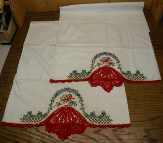 Vintage Hand Embroidered & Crochet Pillowcases Southern Belle Red Crinoline Lady