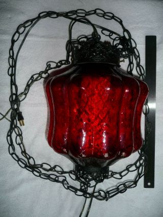 Rare Vintage Glass Globe Hanging Lamp Red Mid Century Mood Stylized Light