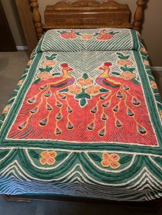 Vibrant Vintage Chenille Double Peacock Bedspread Pink Green - Full/queen Size