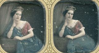 Stereoview Daguerreotype - Woman W/ Jewels Royalty (?) Hand Painted,  Gold Accents