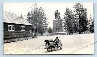 Iconic 1930s American Motorcycle Photo Snapshot - Donner Lake,  Ca Pioneer Statue