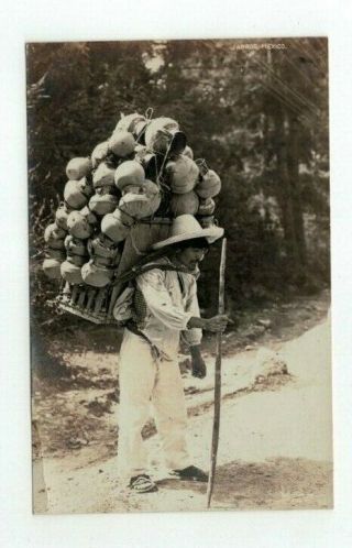 Mexico Antique Real Photo Post Card Man Carries Big Load Of Clay Pots