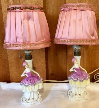 Pair Vintage Deco Boudoir Lamps Ladies Shades 12” Germany