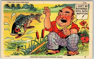 Baxter Springs Kansas Linen Postcard Ray Walters Curteich Fish Comics C - 89 1940s