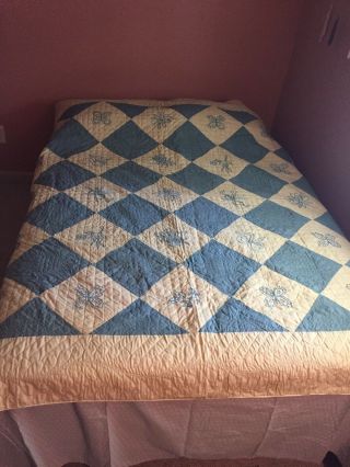 Vintage Hand Stitched Quilted Embroidered Flower Blue Quilt - 79” X 76” Pencil