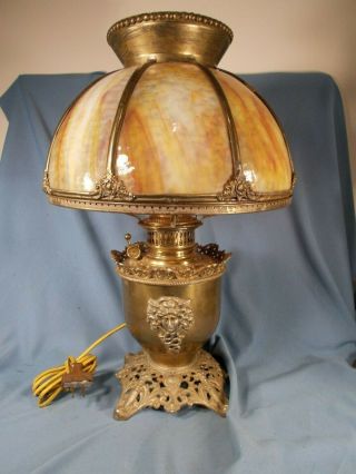 Victorian Bradley & Hubbard B&h Lady Head Brass Banquet Lamp Base W Slag Shade