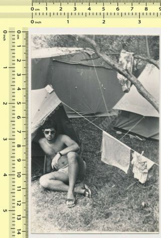 Shirtless Handsome Guy,  Man Camping Tent Gay Int Old Photo Snapshot