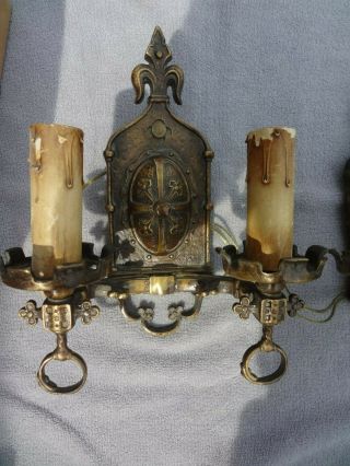 Cast Brass/Bronze Double Candle Electric Wall Sconces,  Complete 3