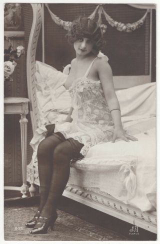 1920 French Photograph,  Slender,  Youthful & Naked,  Black Stockings,  Lingerie