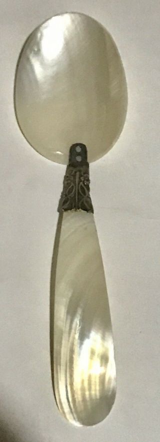 Antique Vintage Mother Of Pearl Caviar Spoon 5 5/8ths” Long With Sterling