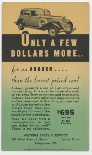 1920s Lyons Kansas Automobile Dealer Promotion Postcard For The 1934? Auburn