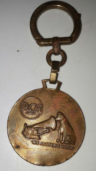 Rare Vintage Cdn.  " Rca - His Masters Voice " Key Chain/ring Brass - Coat Of Arms
