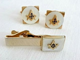 Vintage Swank Masonic Tie Clasp Cuff Links Cufflinks Set Mother Of Pearl Enamel