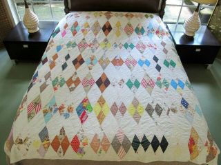 Washed Many Times Vintage Hand Sewn Diamond Four Patch All Cotton Quilt; Full