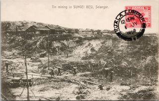 Tin Mining Sungai Besi Selangor Malaysia Mine Malay 3c Stamp 1909 Postcard E43