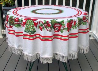 Vintage Christmas Round Tablecloth Red Green Holly Bells Ornaments Fringe