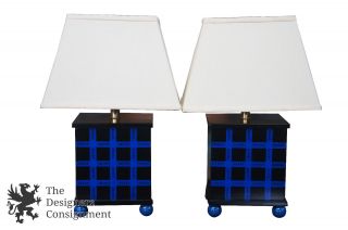 2 Vintage Ethan Allen Blue Plaid Painted Table Lamps Linen Shade Arts & Crafts