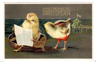 Postcard German Easter Chicks At Seashore Embossed 1908