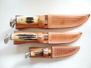 1978 Casexx,  Red Etched Stag 3 Piece Knife Set,  W/sheaths Y288