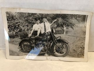 Vintage Black And White Photo Indian Motorcycle Couple Posing