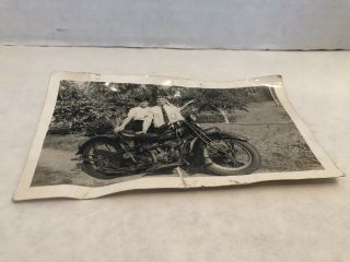 Vintage Black and White Photo Indian Motorcycle Couple Posing 4