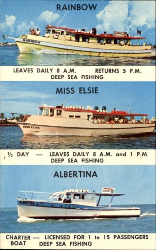 Clearwater Beach Florida Deep Sea Fishing Boats 1950s - 1960s Postcard