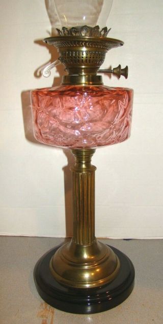 Victorian Youngs Duplex Oil Lamp W/ Cranberry Pink Glass Font & Ceramic Base