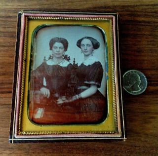 Daguerreotype Of Two Sisters In Leather And Gold Trim Frame