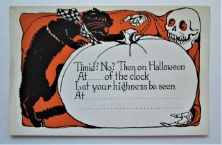 Skull Ghost Black Cat Halloween Invitation Art Deco Postcard